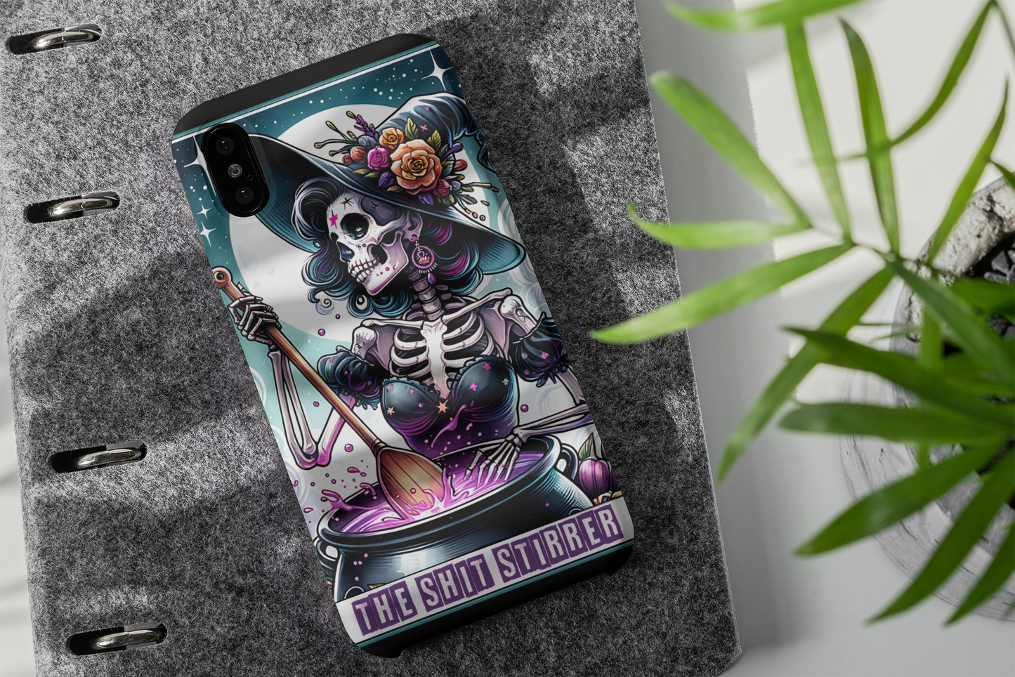 Gothic Phone Case - 'The Shit Stirrer' Skeleton Design for Halloween Lovers, The Shit Stirrer Tarot Card Phone Case, Witchy Phone for iPhone and Samsung