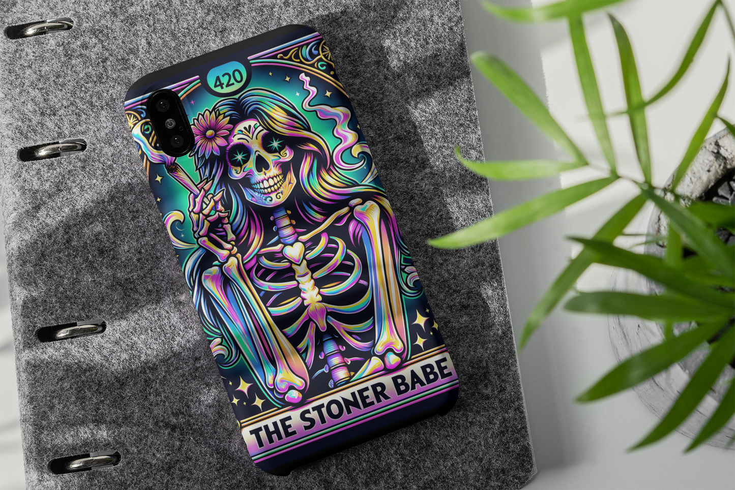 Stoner Babe Phone Case - Colorful Skeleton Design for Funky Vibes, 420 Babe Phone Case, Stoner Babe Tarot Card Phone Case, Weed Smoker Phone Case for her