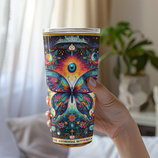 Vibrant Butterfly 20oz Tumbler - Cosmic Floral Design, Anti-Social Butterfly Tarot Card Tumbler, Butterfly Tumbler