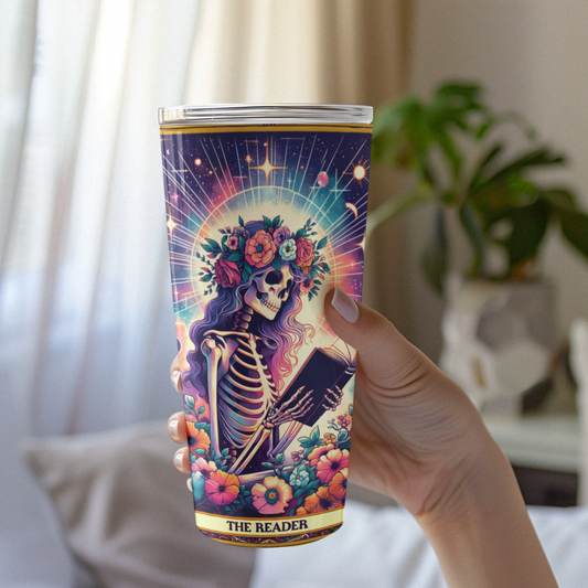 Celestial Garden 20oz Tumbler - Colorful Floral & Skeleton Design, The Reader Tarot Card Tumbler, Celestial Tumbler, Book Reader Tumbler