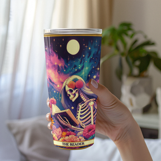 Colorful Skeletons 20oz Tumbler – The Reader Tarot Card Tumbler, Book Reader Tumbler, Celestial Tumbler