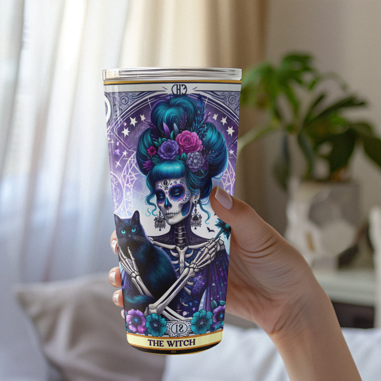 The Witch Tarot Card Tumbler, Cosmic Day of the Dead Style Tumbler, Witch Tumbler for Halloween, Celestial Tumbler