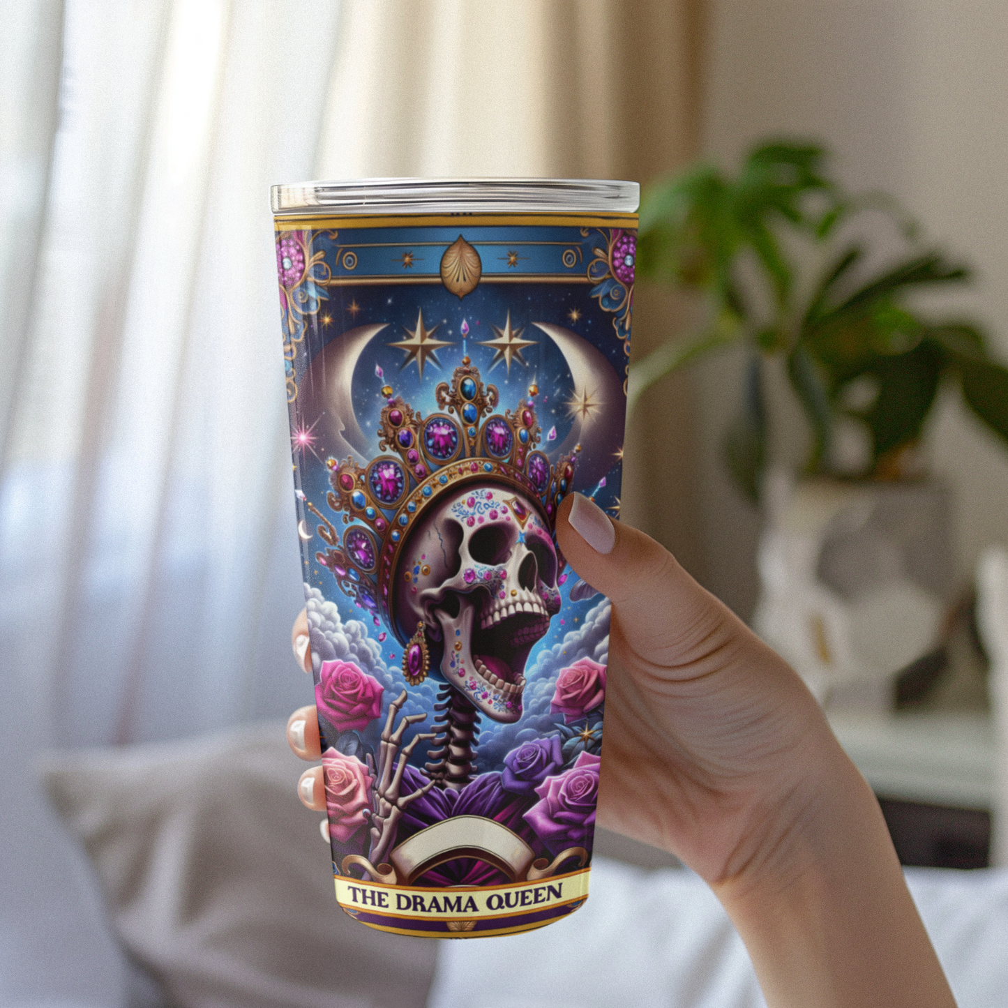 Colorful Day of the Dead Tumbler - 20oz Travel Mug with Rose and Skull Design, The Drama Queen Tarot Card Tumbler, Drama Queen Tumbler