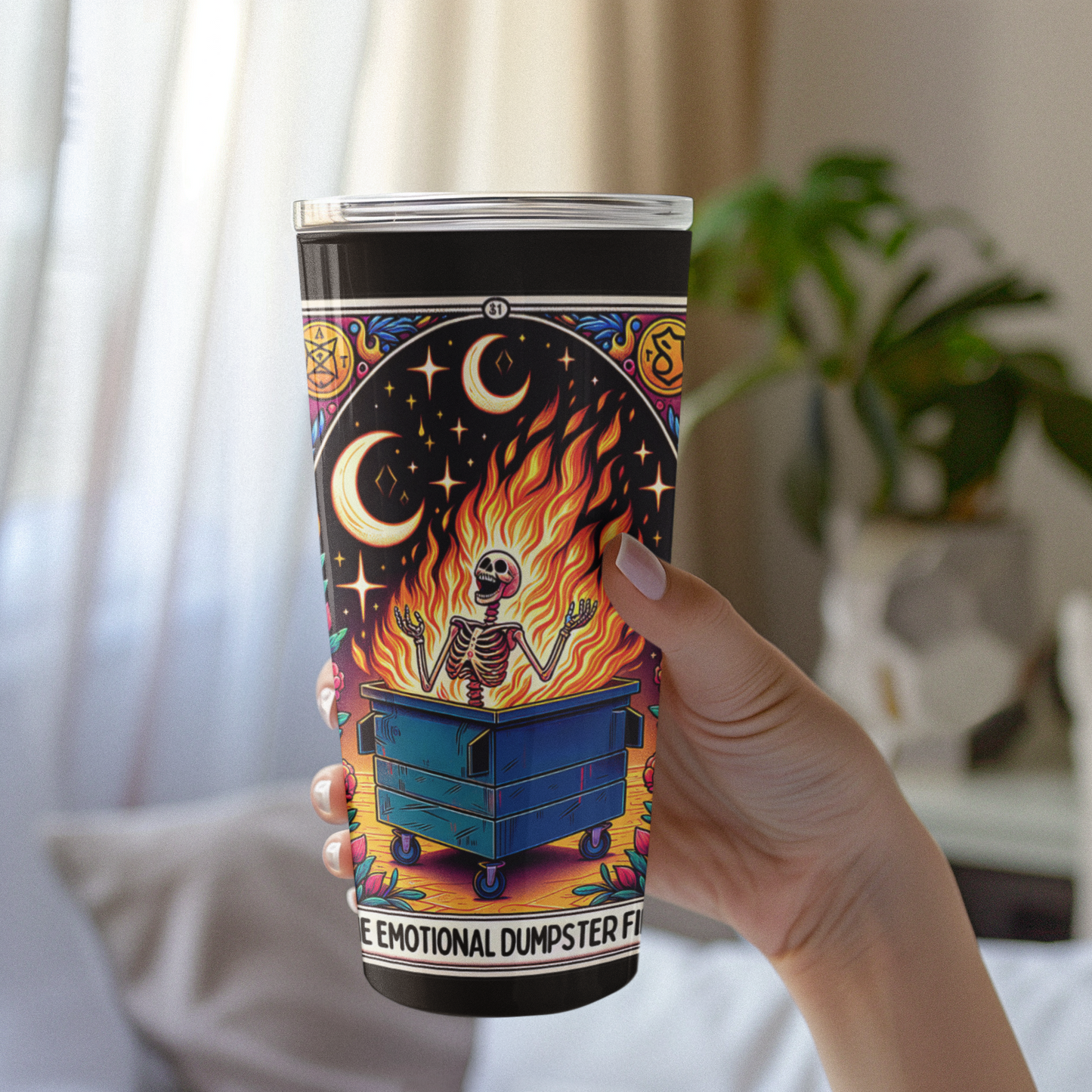 The Emotional Dumpster Fire Tarot Card Tumbler, Occult coffee tarot card tumbler, The Emotional Dumpster Fire Tarot tumbler