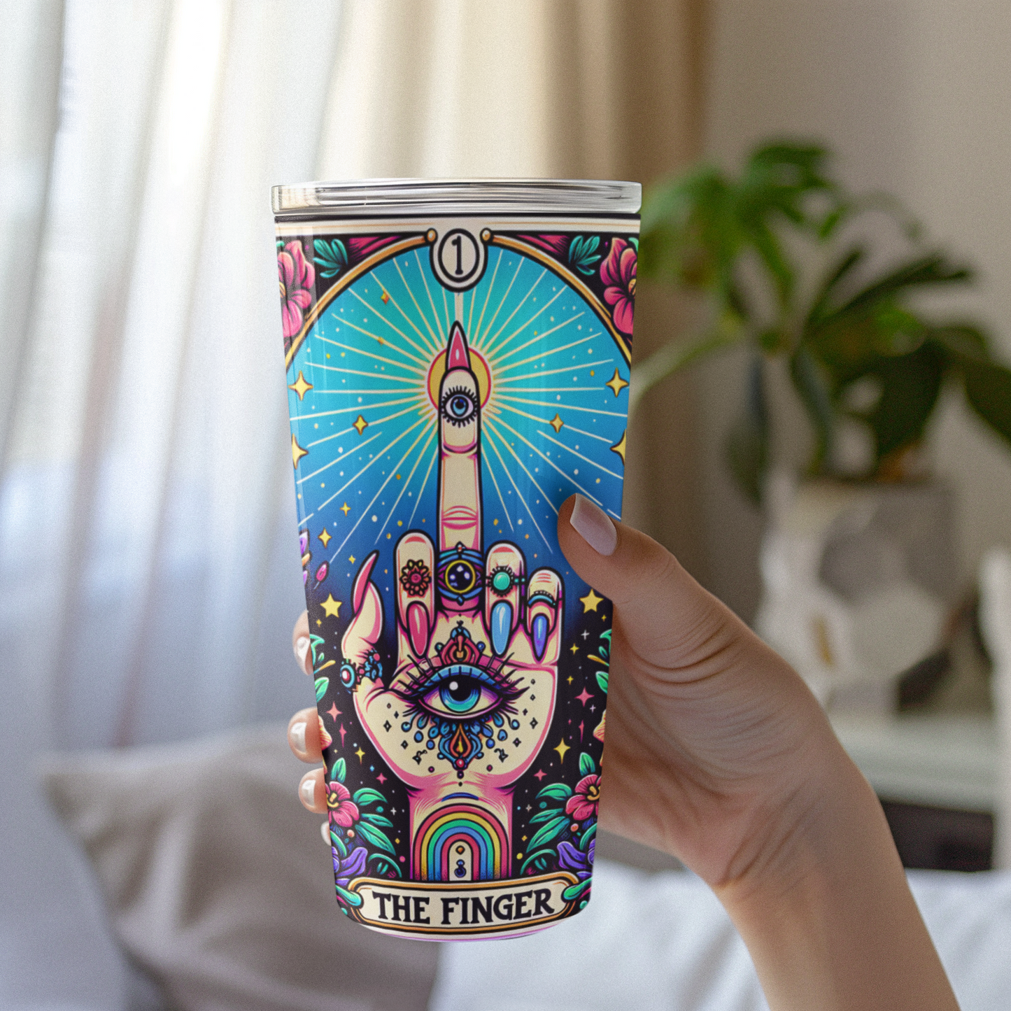 The Finger Tarot Card Tumbler, Occult coffee tarot card tumbler, The Finger Tarot tumbler, middle finger tarot card tumbler