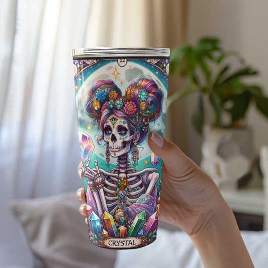 Vibrant Crystal Skeleton 20oz Tumbler - Colorful Travel Mug for Gift Giving & Everyday Use, Crystal Tarot Card Tumbler, Tumbler for Crystal Lover, The Crystal Collector Tumbler