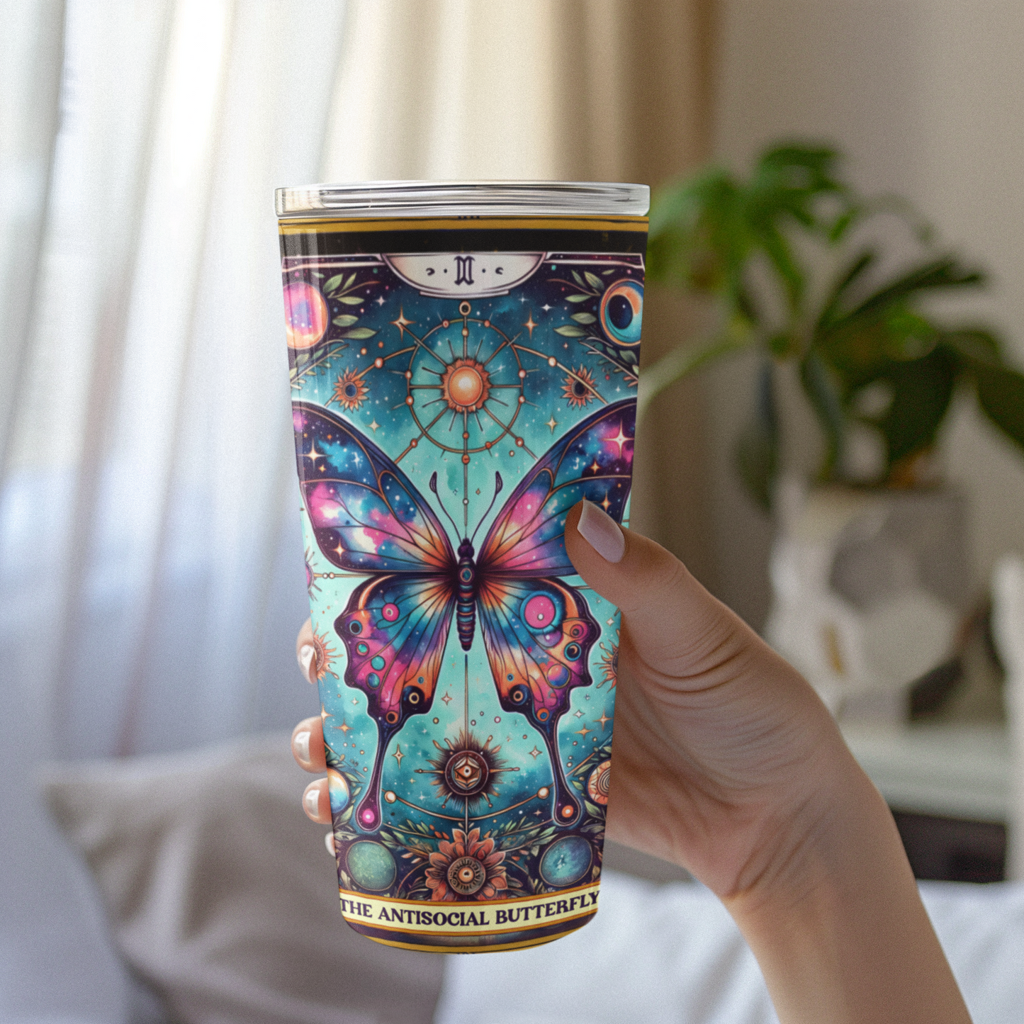 Cosmic Butterfly Tumbler 20oz - Artistic Travel Mug for Nature Lovers, Anti-Social Butterfly Tarot Card Tumbler, Butterfly Tumbler,